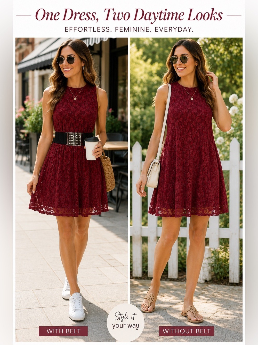Garage burgundy sleeveless lace flare A-line dress Sz L
